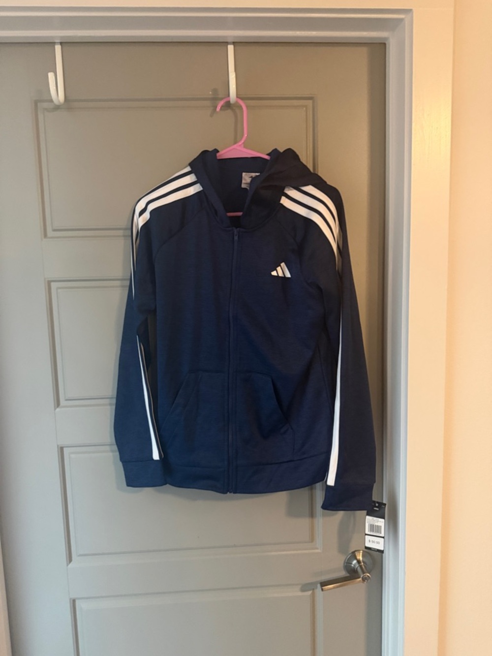 NWT adidas Navy Zip Hoodie with White Stripe Accents